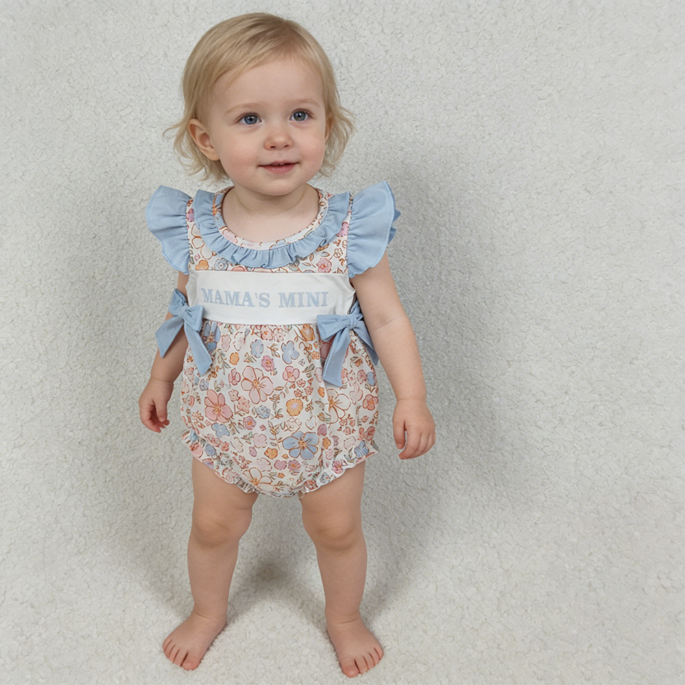 SR3973 Girls’ MAMA’S MINI Colorful Floral Romper with Blue Ruffle Bow Flutter Sleeves