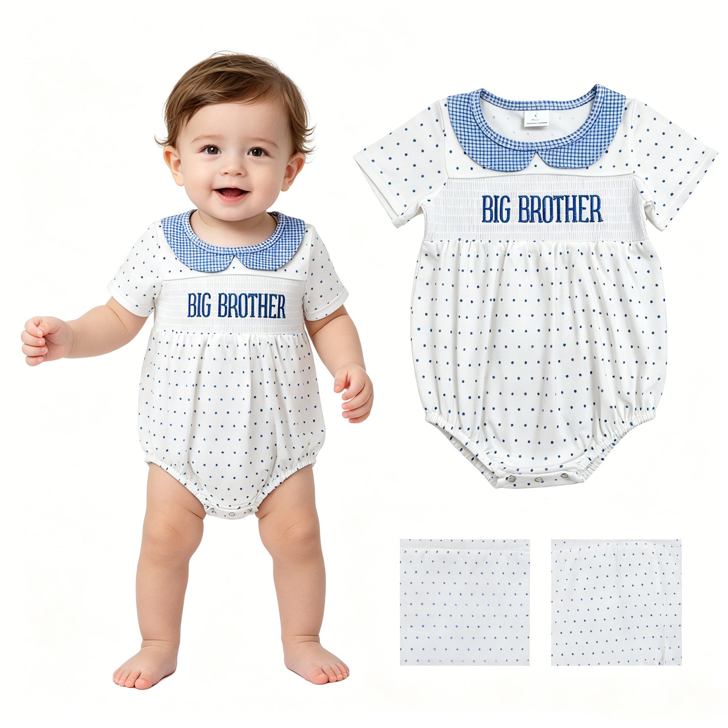 SR3980 Big Brother Embroidery Blue Polka Dot Baby Boys Smocked Bubble Romper