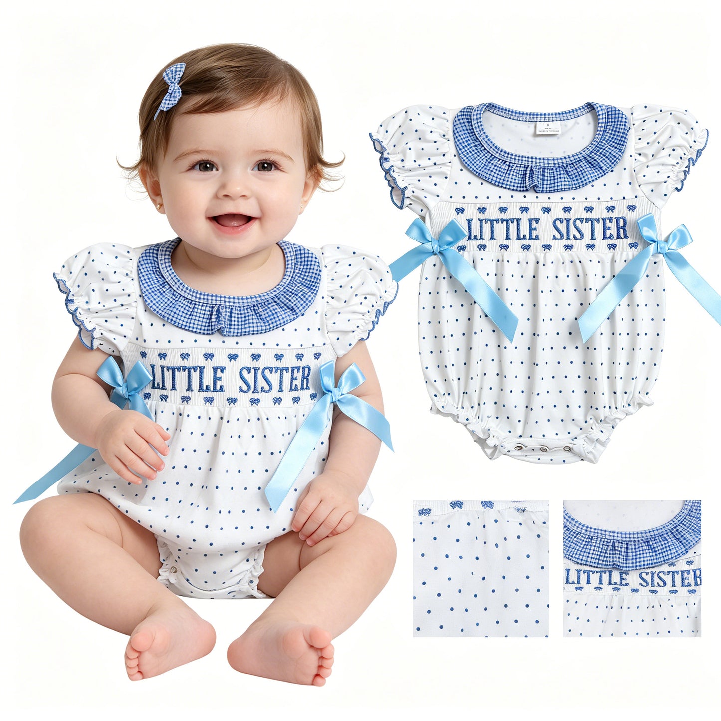 SR3981 Little Sister Embroidery Dots Print Baby Girls Summer Smocked Romper