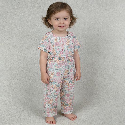 SR3987 Baby Girls’ Pink Floral Jumpsuit Straight Romper – Cute & Comfy Everyday