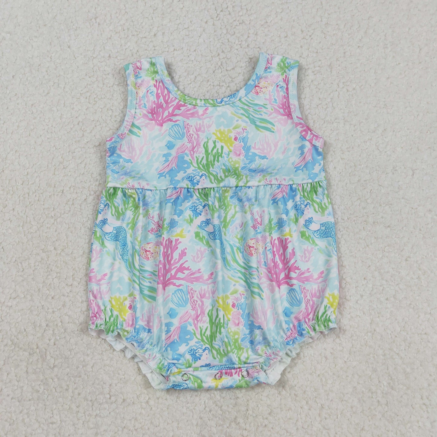 SR3991 Colorful Seaweed Mermaid Baby Girls Summer Sleeveless Bubble Rompers