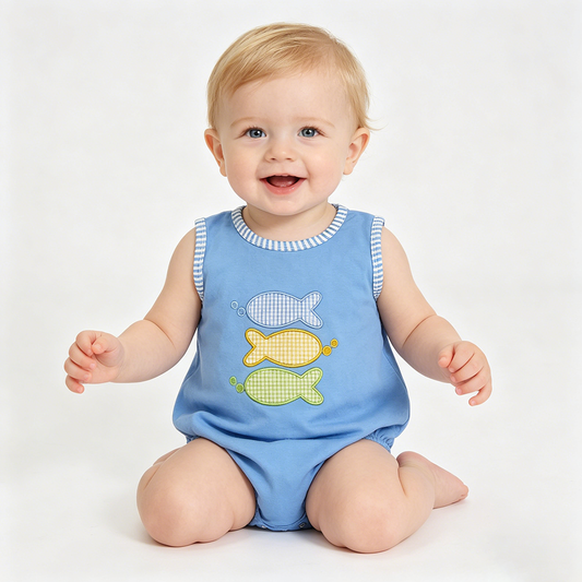 SR4005 Fish Embroidery Blue Baby Boys Summer Sleeveless Romper