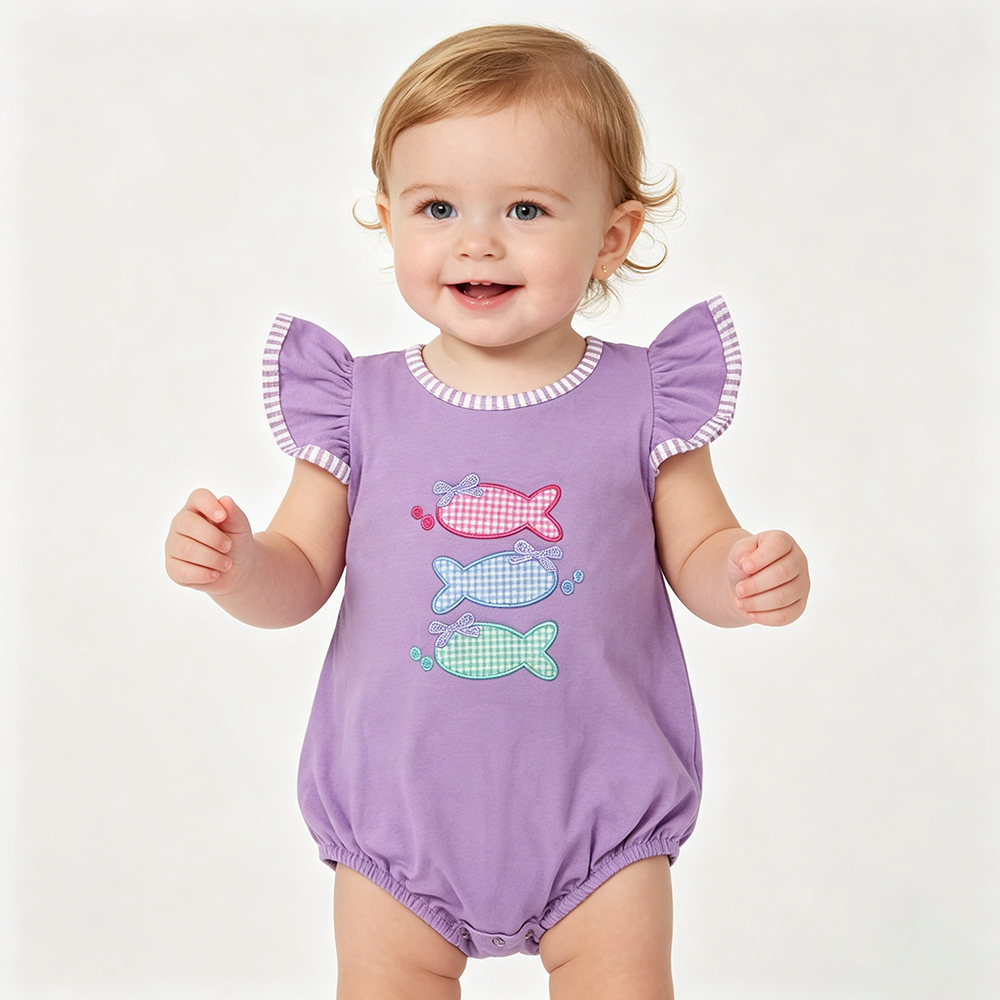 SR4006 Fish Embroidery Purple Baby Girls Summer Romper