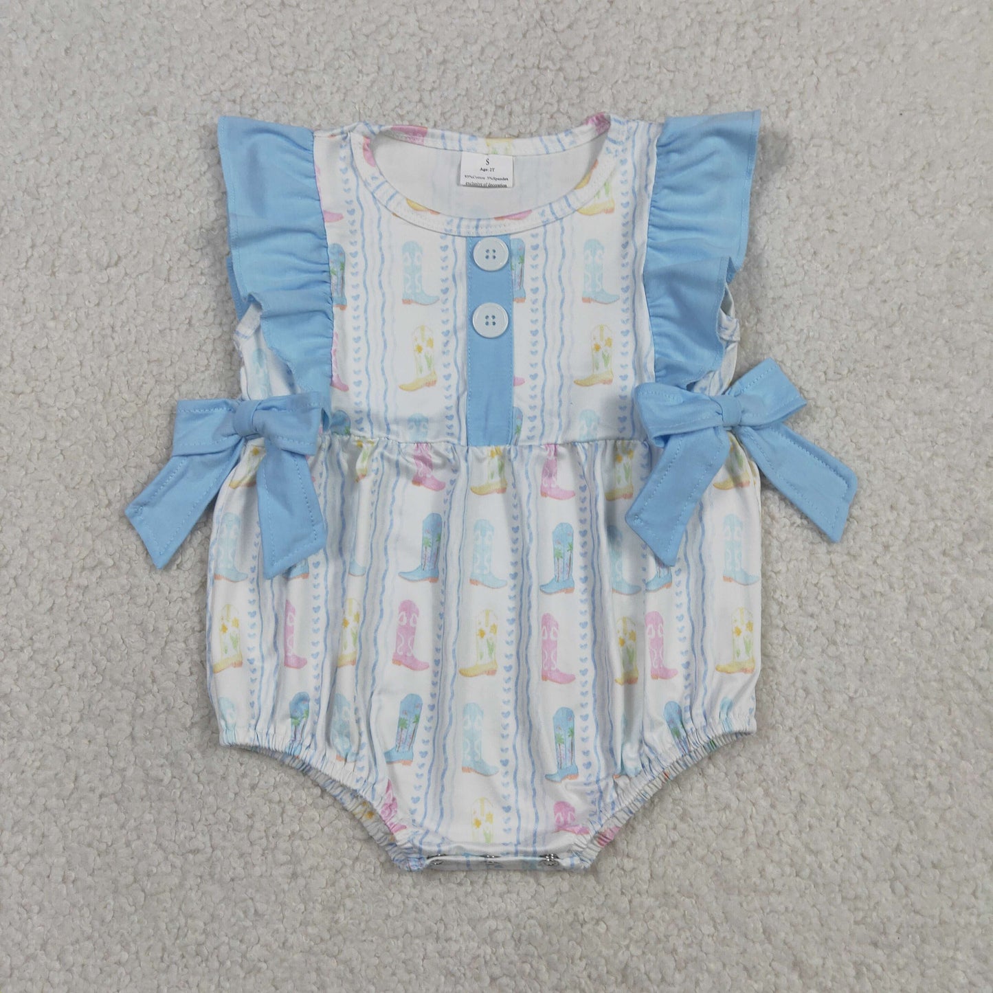 Summer Baby Girls Western Boots Bubble Romper With Blue Bow
