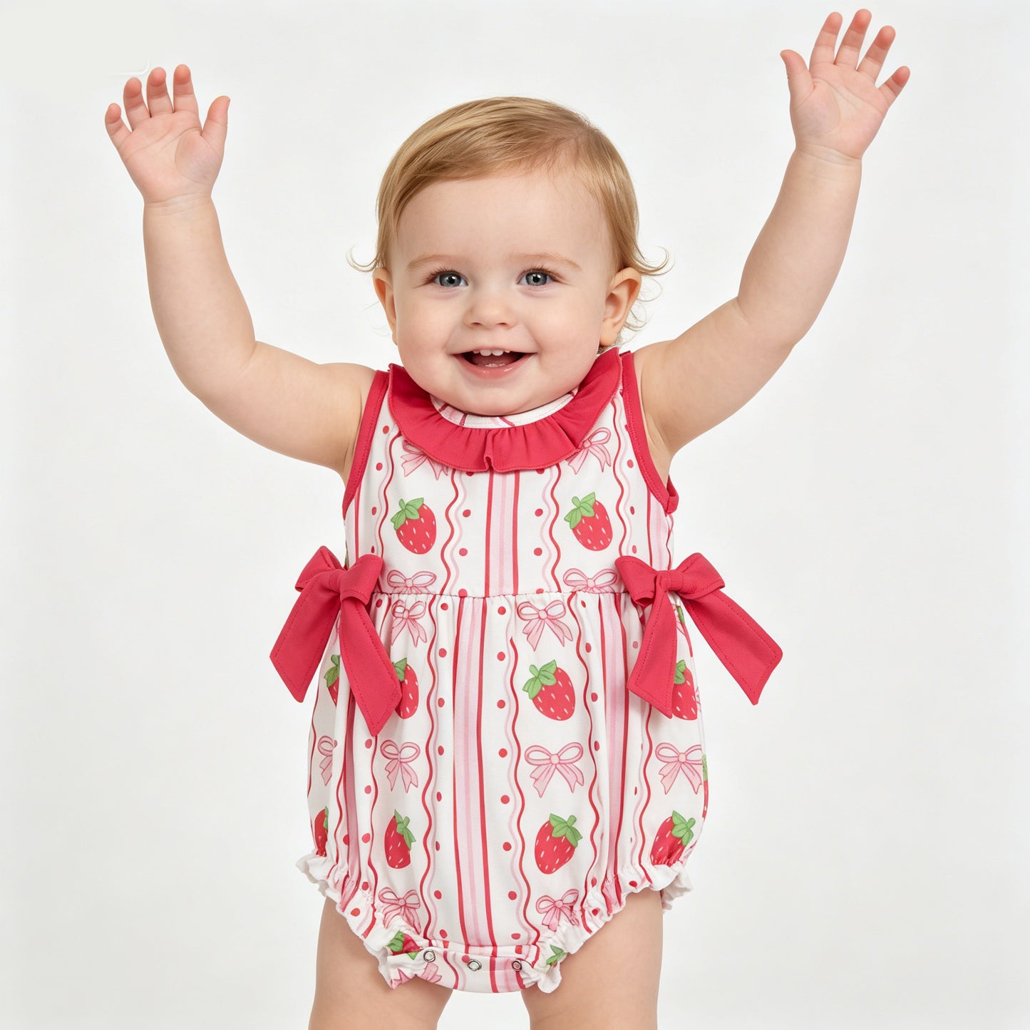 Baby Girls Strawberry Print Ruffle Bubble Romper, Infant Summer Outfit with Bows