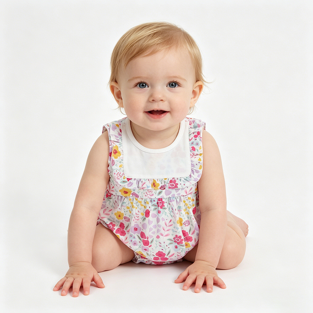 SR4021 Colorful Flowers Print Baby Girls Summer Romper