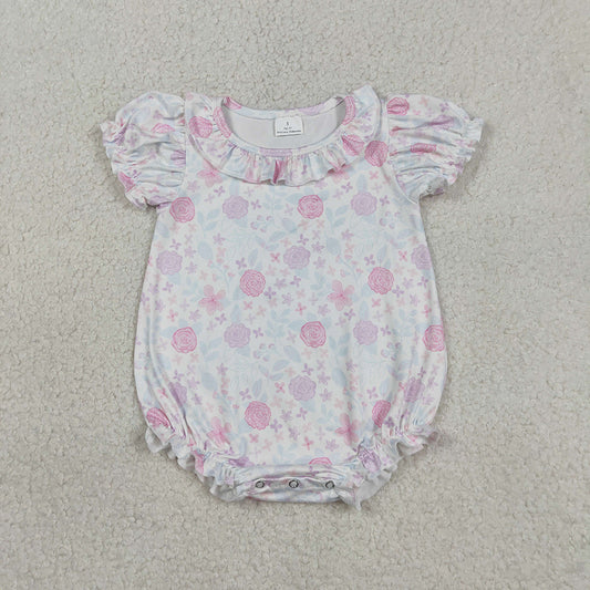 SR4023 Pink Purple Flowers Print Baby Girls Summer Romper