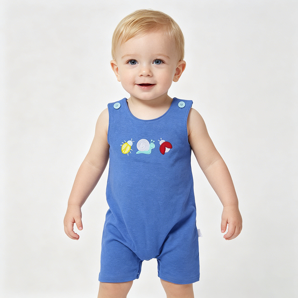 SR4036 Ladybirds Snails Embroidery Cotton Blue Baby Boys Summer Romper