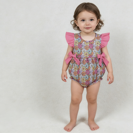 SR4049 Girls' Colorful Flowers Flutter Sleeve Bow Romper