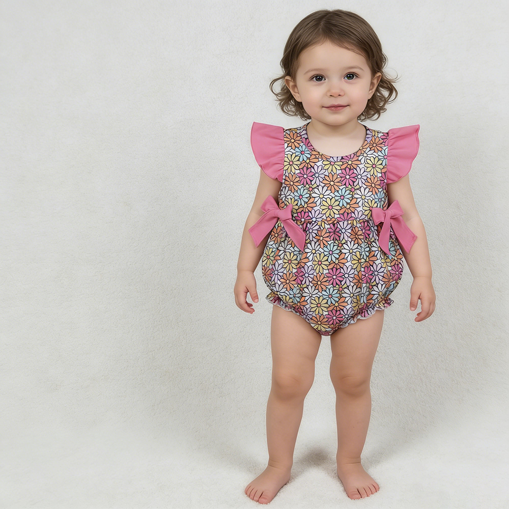 Colorful Flowers Flutter Sleeve Baby Girls Outfits & Romper Sisters Summer Matching Wear