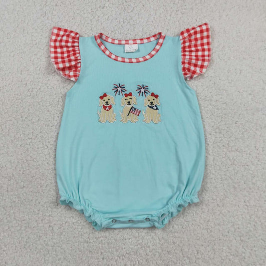 SR4051 Dog Flag Embroidery Blue Baby Girls 4th of July Romper