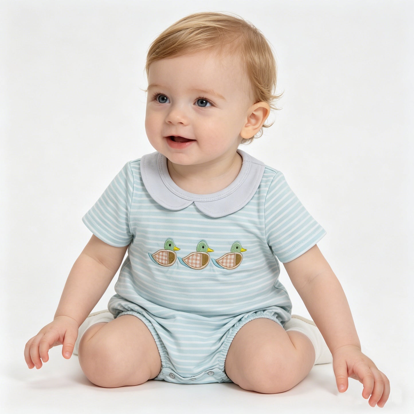 SR4081 Duck Embroidery Stripes Print Baby Boys Summer Doll Collar Romper