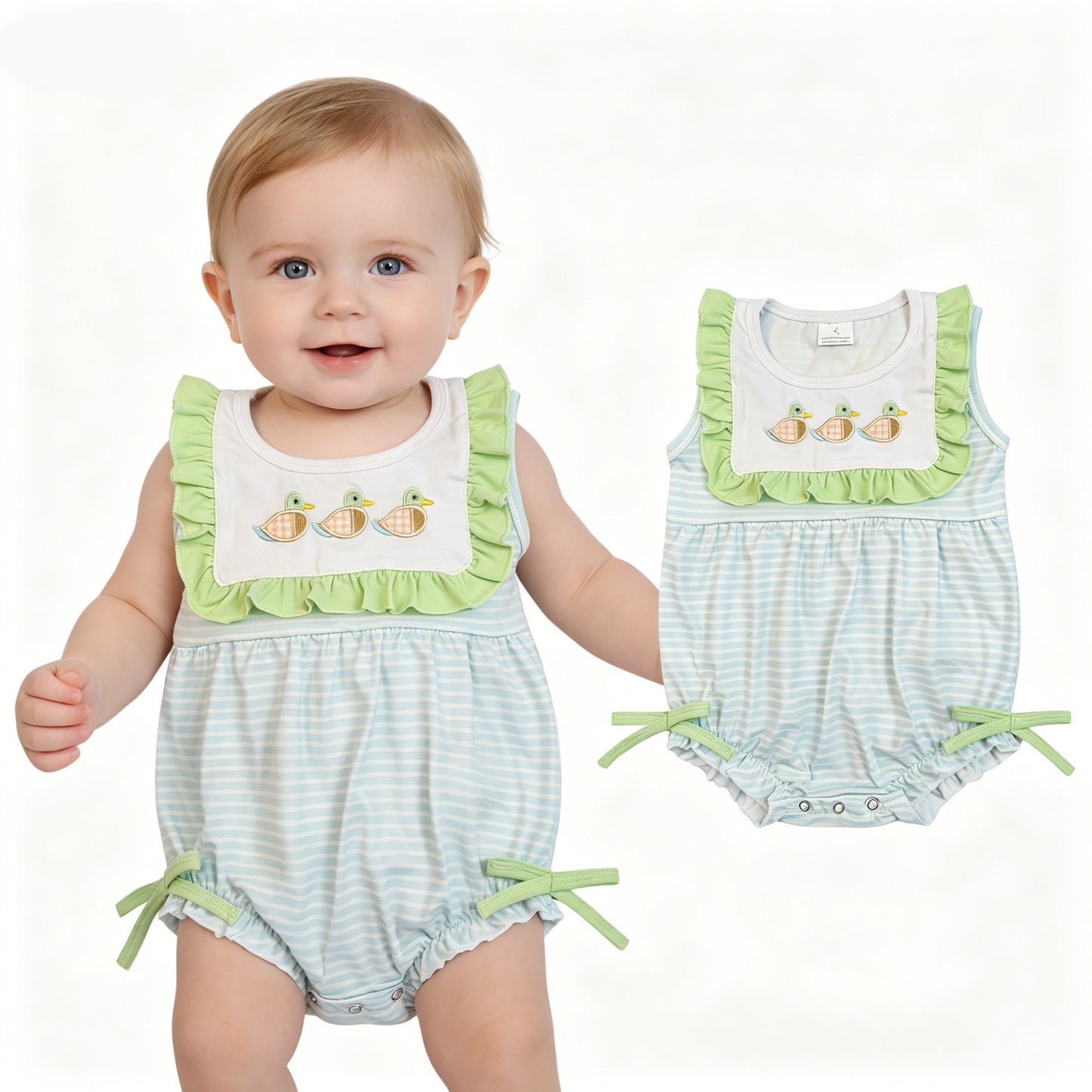 Sibling Baby Girls Embroidery Duck Shorts Set Bubble Romper
