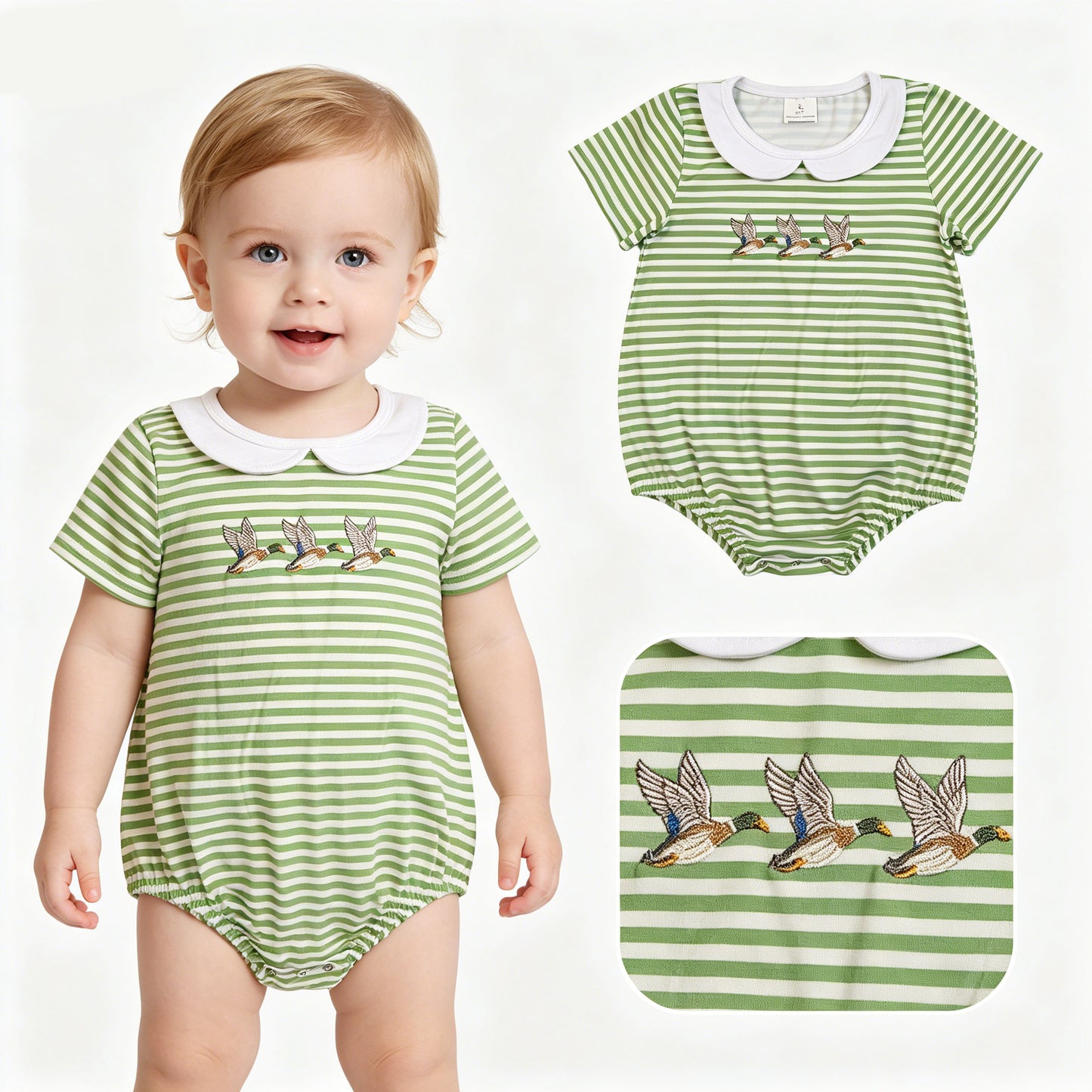 Mallard Embroidery Green Stripe Sibling Duck Matching Outfits