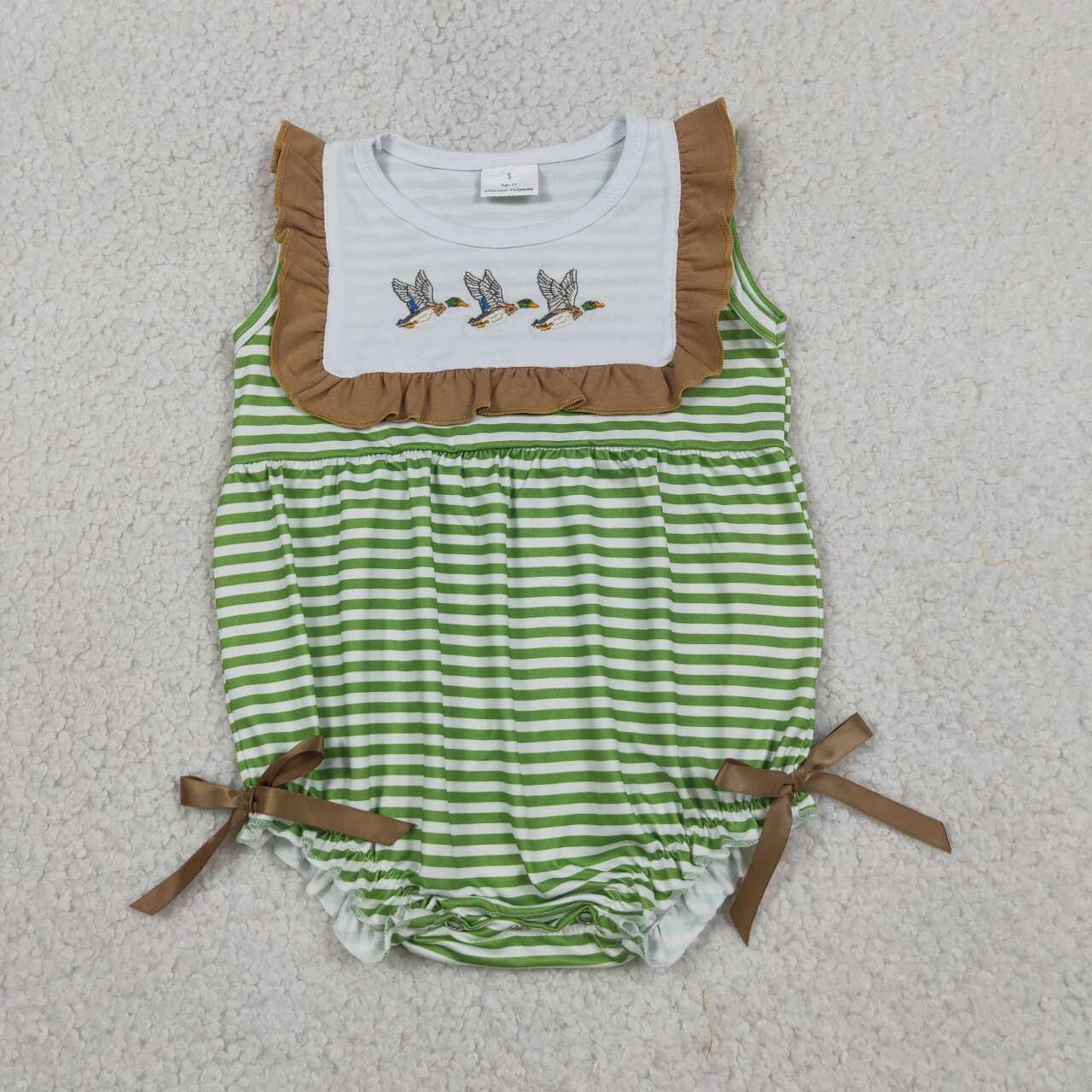 SR4084 Duck Embroidery Green Stripes Print Baby Girls Summer Romper