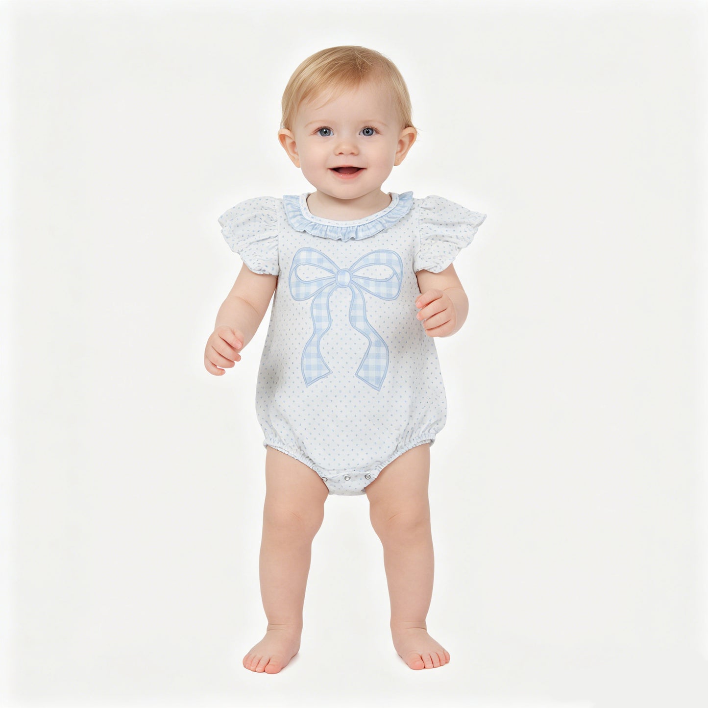 SR4089 Blue Polka Dot Bow Baby Girls Bubble Romper