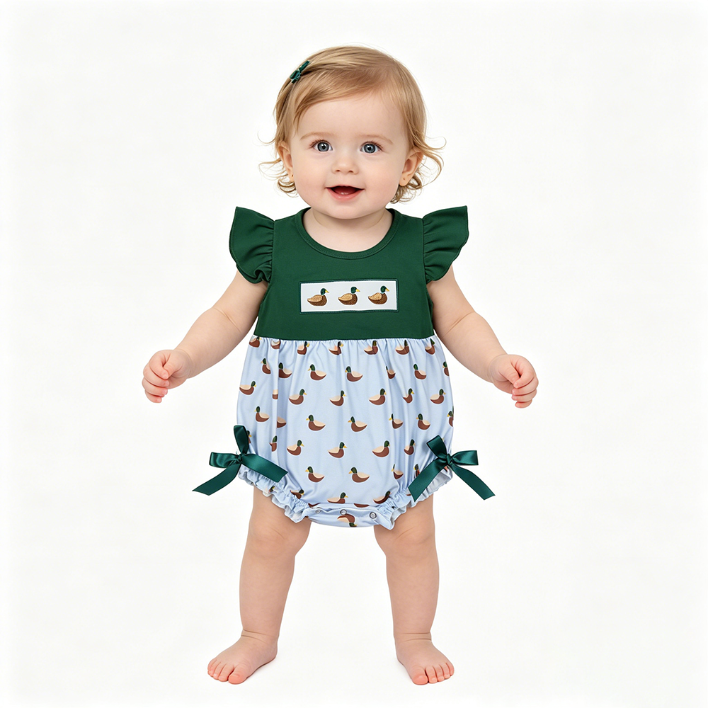 SR4091 Duck Embroidery Green Baby Girls Summer Romper