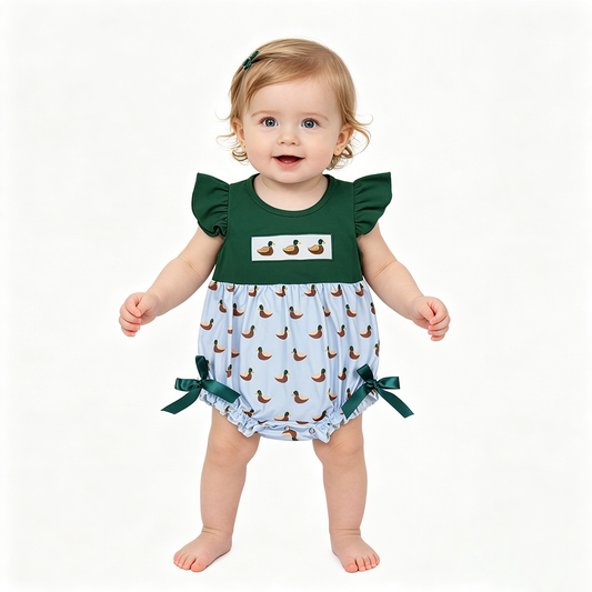 SR4091 Duck Embroidery Green Baby Girls Summer Romper