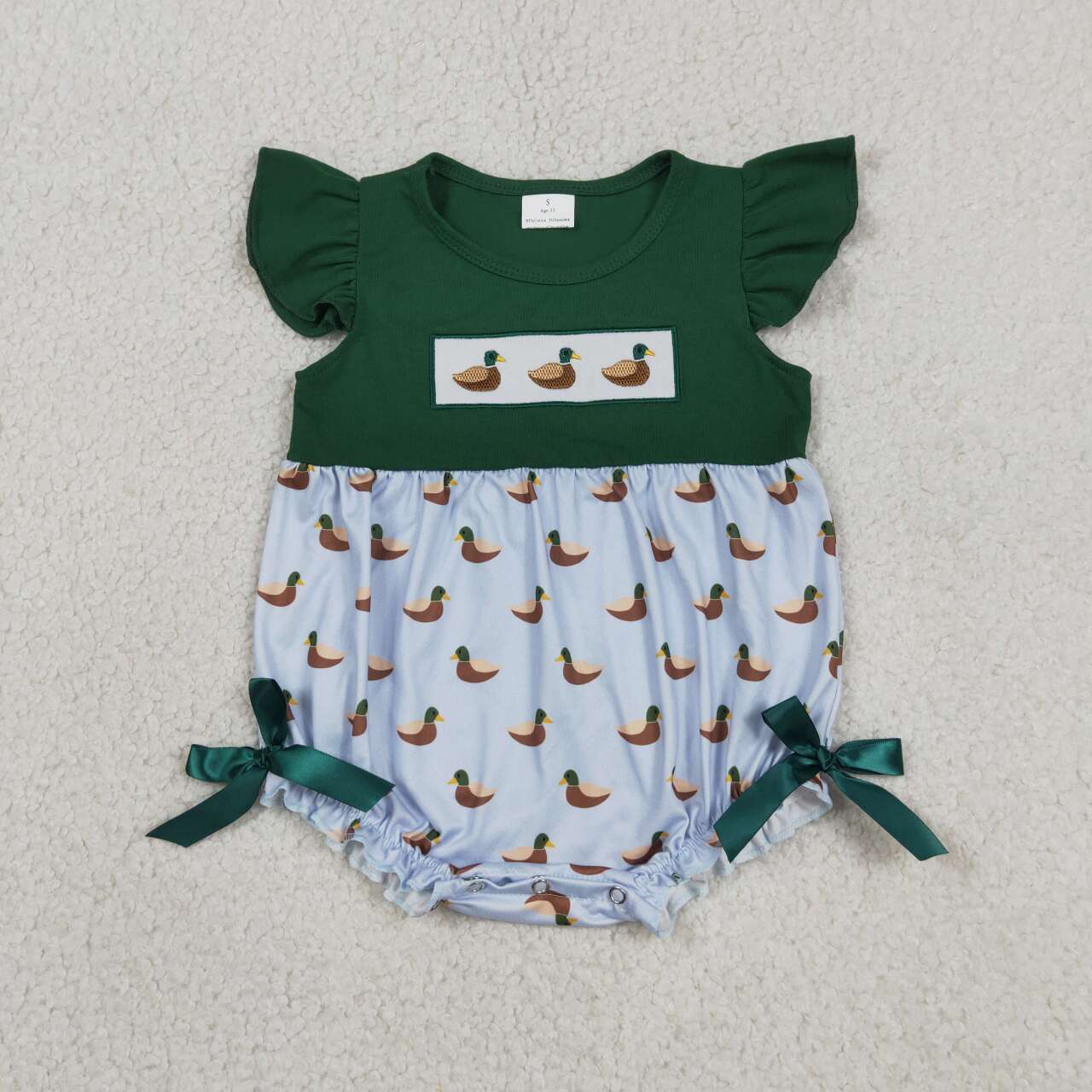 SR4091 Duck Embroidery Green Baby Girls Summer Romper