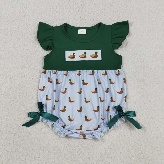 SR4091 Duck Embroidery Green Baby Girls Summer Romper