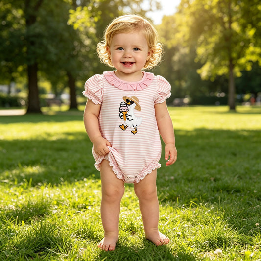 SR4101 Ice Cream Gooses Embroidery Pink Stripe Baby Girls Ruffle Romper