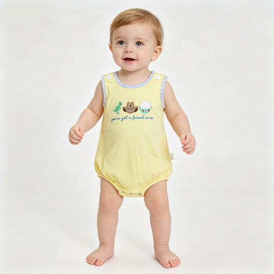 Embroidery Dino Hat Cartoon Toy Print Baby Boys Summer Button Romper