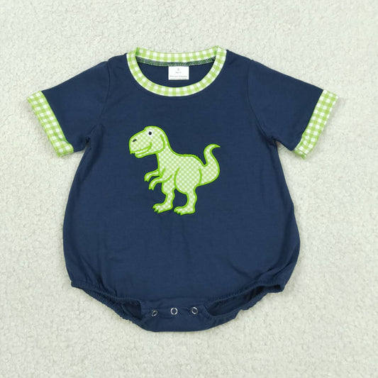 SR4113 Dino Embroidery Navy Green Plaid Print Baby Boys Summer Romper