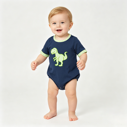 SR4113 Dino Embroidery Navy Green Plaid Print Baby Boys Summer Romper