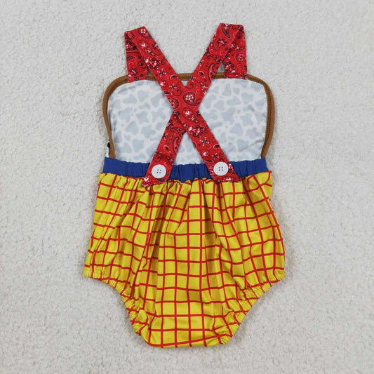 SR4114 Cartoon Toy Cow Plaid Print Baby Boys Summer Backless Strap Romper