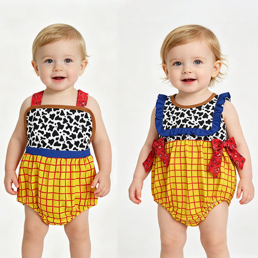 Cartoon Toy Cow Plaid Print Baby Summer Romper Sibling Matching Wear