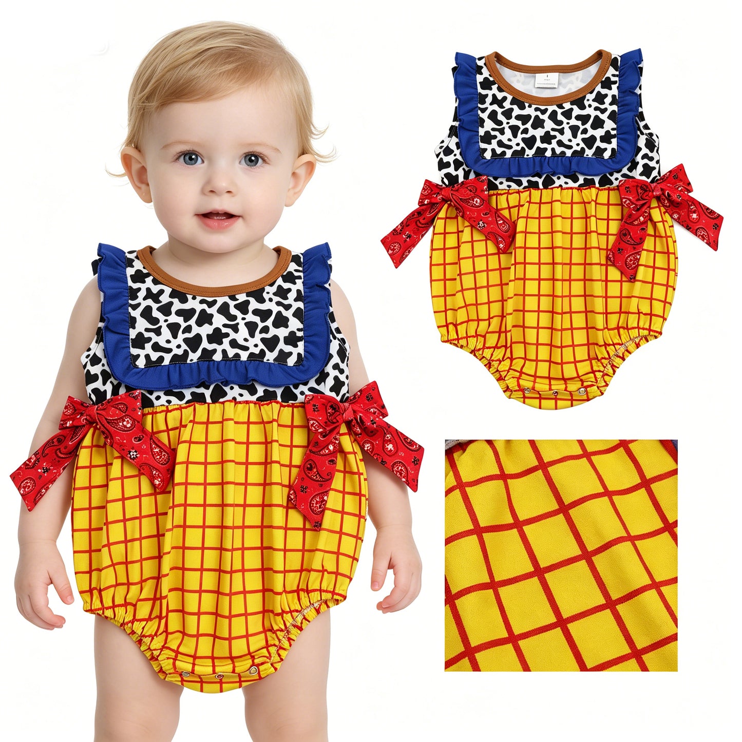 Cartoon Toy Cow Plaid Print Baby Girls Summer Sleeveless Romper