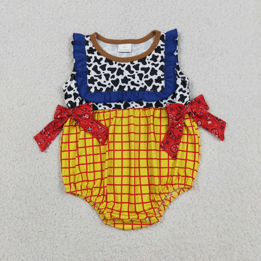 Cartoon Toy Cow Plaid Print Baby Girls Summer Sleeveless Romper