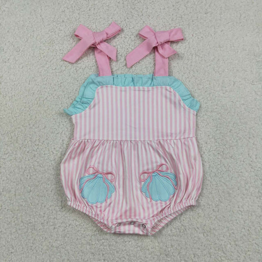 SR4127 Shell Embroidery Pink Stripes Baby Girls Summer Strap Romper