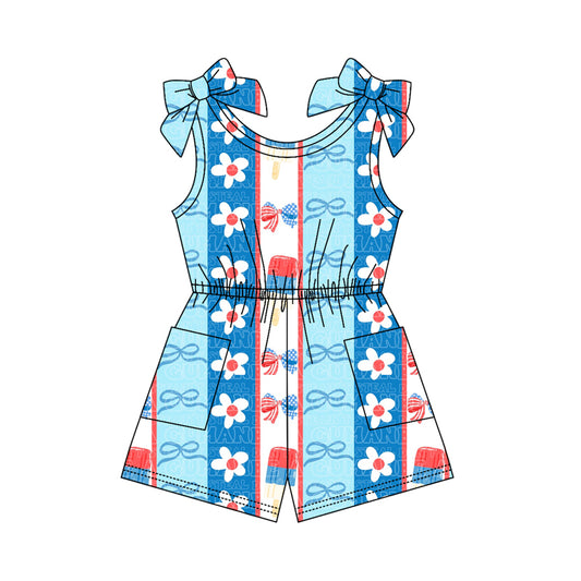 3.20 SR4128 Preorder Flowers Bows Stripes Print Girls 4th of July Sleeveless Pockets Jumpsuits