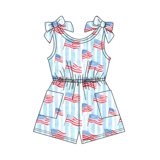 3.20 SR4130 Preorder Flag Stripes Print Girls 4th of July Sleeveless Pockets Jumpsuits