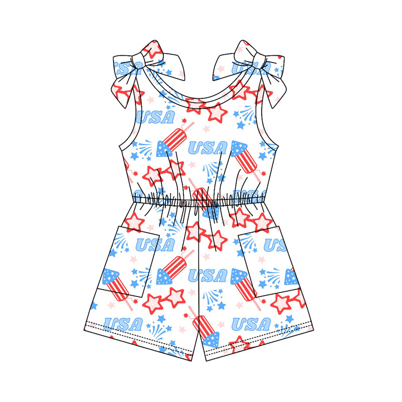 3.20 SR4131 Preorder Fireworks Stars USA Print Girls 4th of July Sleeveless Pockets Jumpsuits