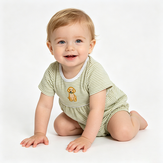 Puppy Embroidery Stripes Print Baby Boys Short Sleeve Romper