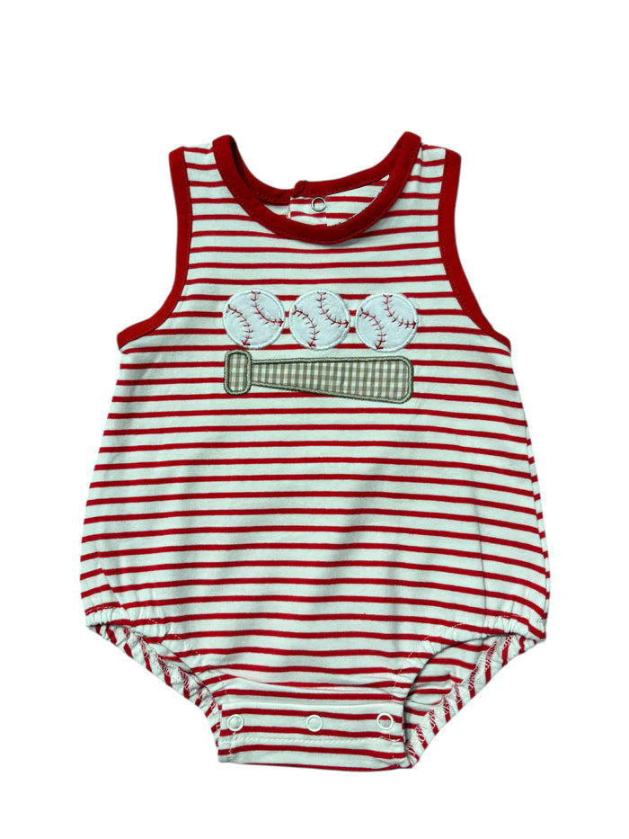 3.23 SR4148 Baby Boys Baseball Red Striped Sleeveless Bubble Romper Preorder