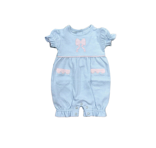 3.23 SR4150 Baby Girls Bow Blue Striped Short Sleeeve Romper Preorder