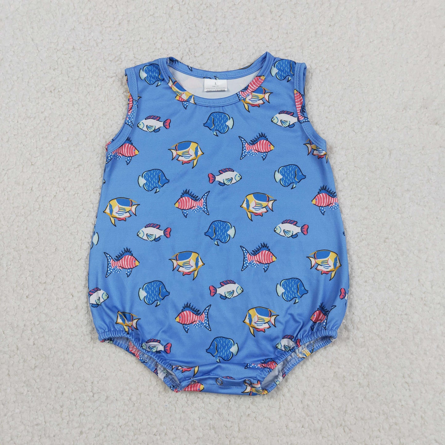 Fish Blue Print Baby Boys Sleeveless Bubble Romper