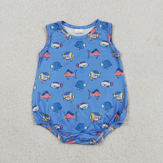 Fish Blue Print Baby Boys Sleeveless Bubble Romper