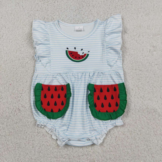 SR4153 Watermelon Embroidery Blue Stripes Baby Girls Summer Pockets Romper