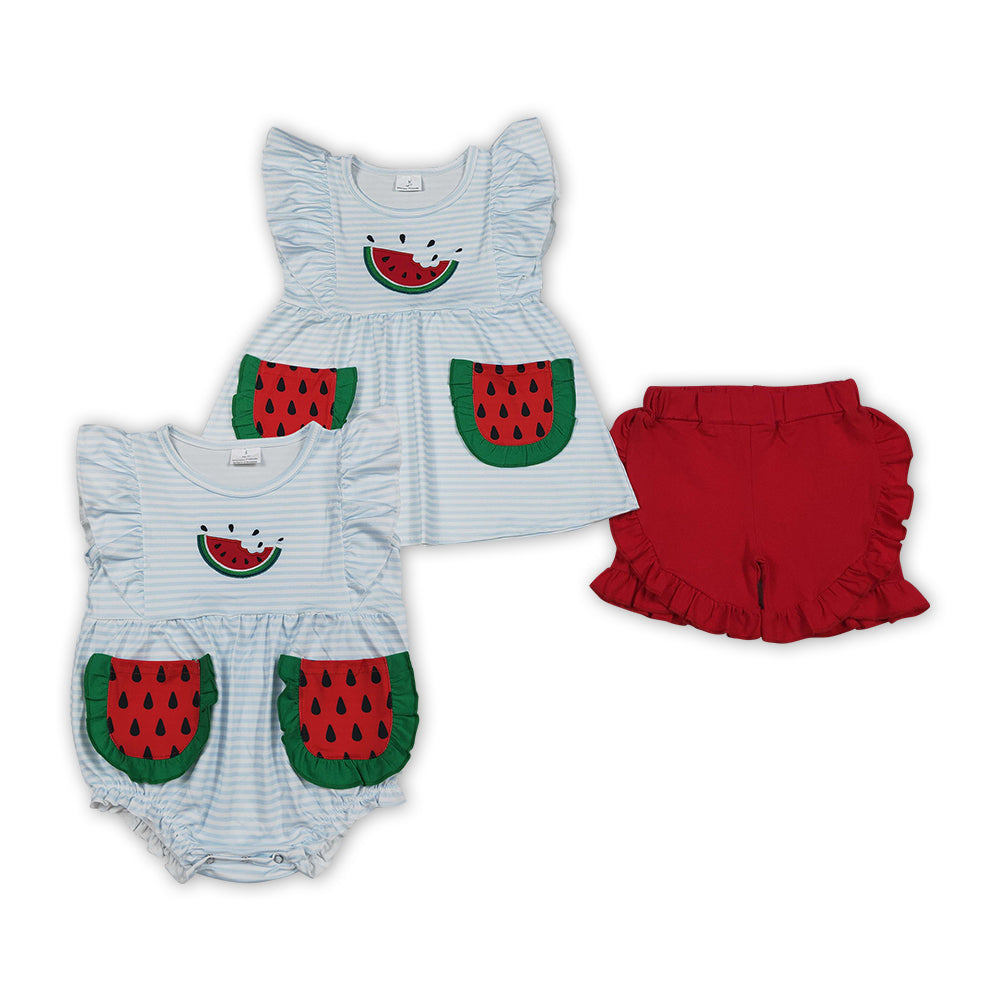 Watermelon Embroidery Blue Stripes Baby Girls Pockets Romper Outfits Sisters Summer Wear