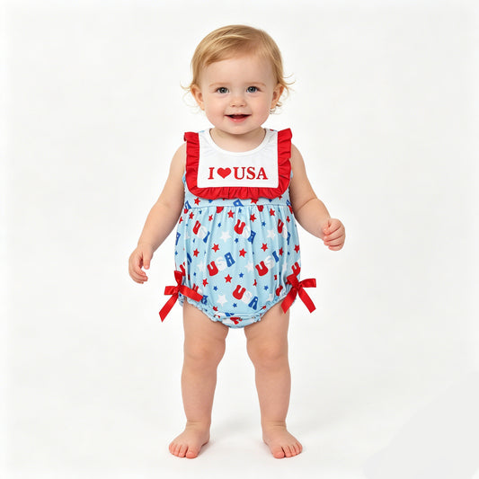 I LOVE USA Stars Print Baby Girls Sleeveless Bubble Romper