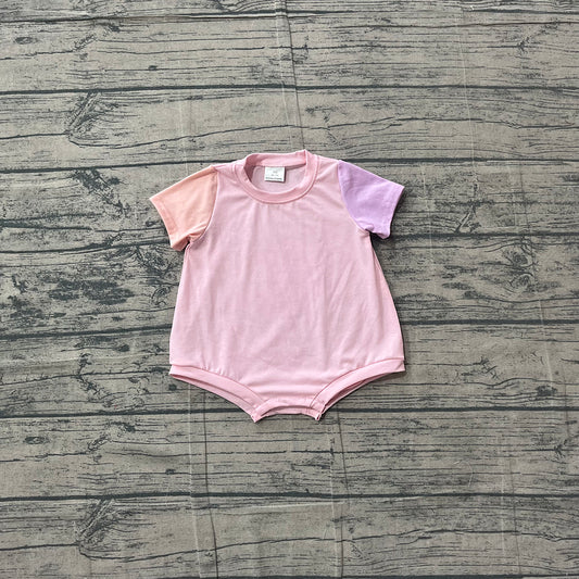 SR4156 Baby Pink Patchwork Romper - Short Sleeve Bubble Onesie Preorder