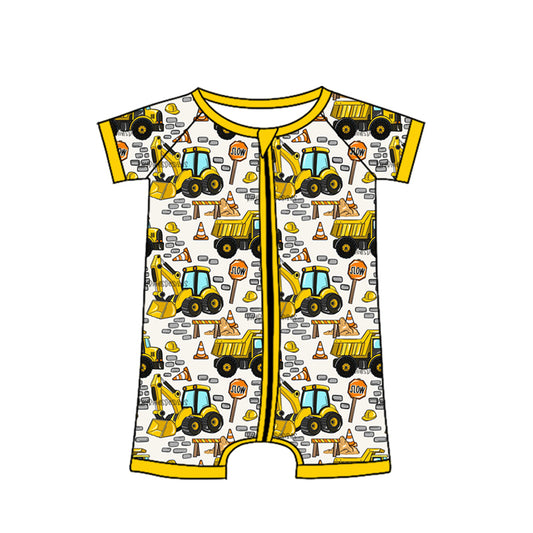 4.13 SR4180 Preorder Excavator Print Baby Boys Summer Zipper Romper