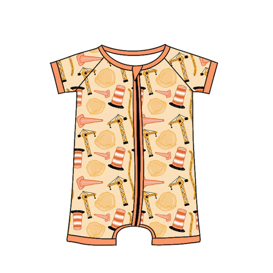 4.13 SR4181 Preorder Tower Crane Print Baby Boys Summer Zipper Romper