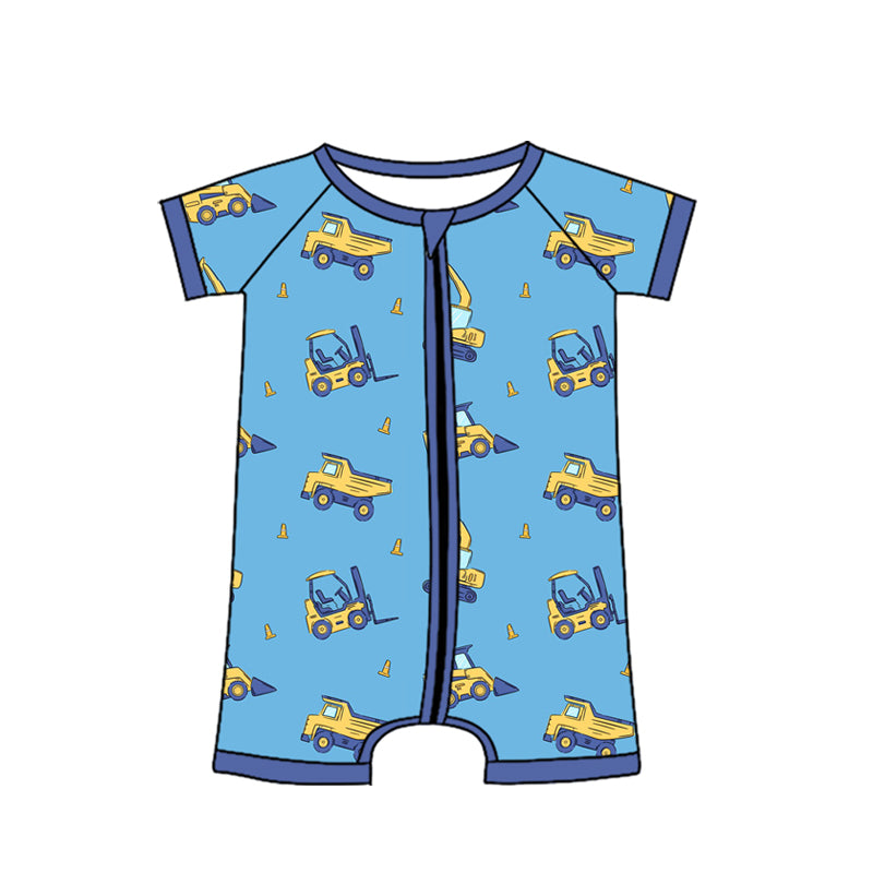 4.13 SR4182 Preorder Construction Trucks Blue Print Baby Boys Summer Zipper Romper