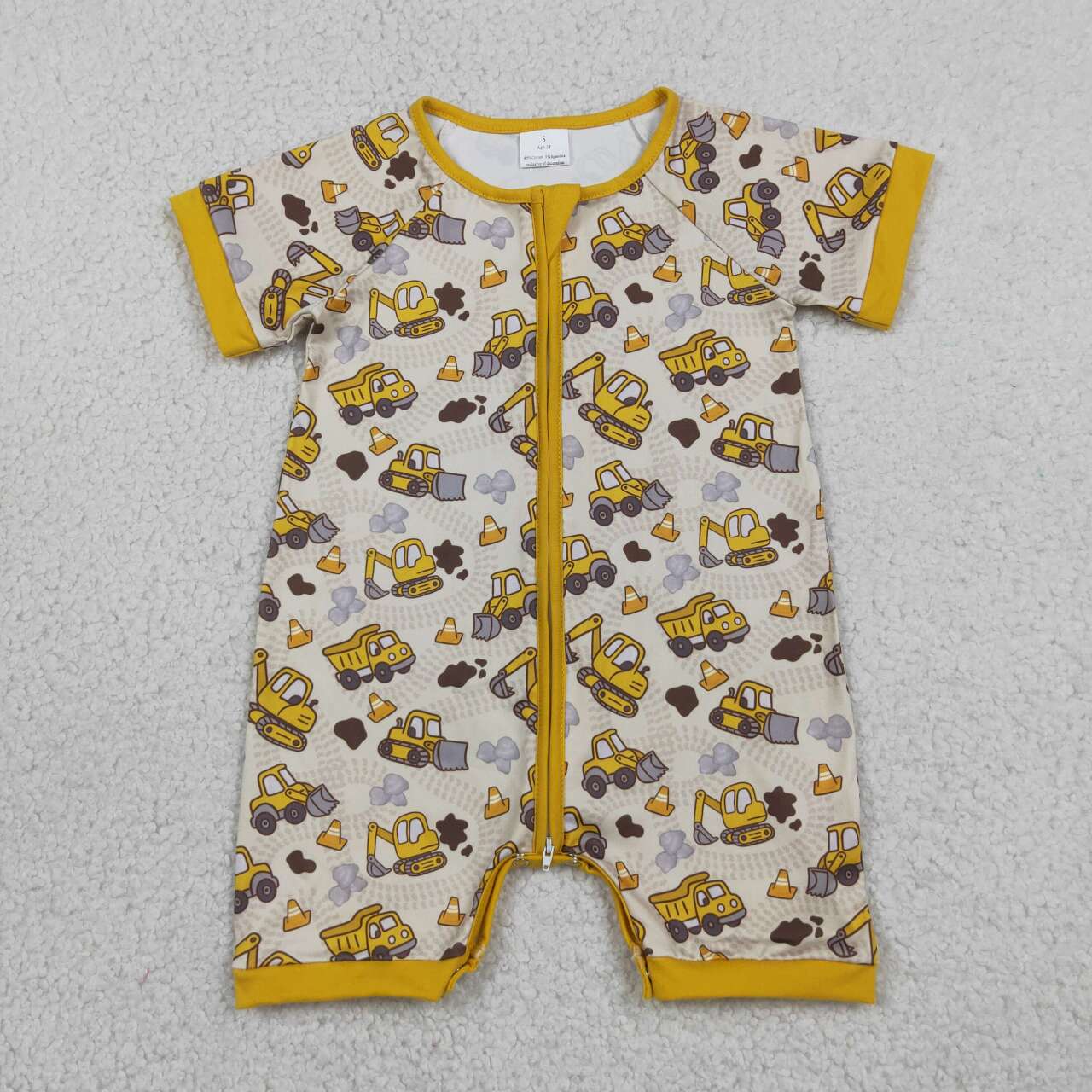 Construction Trucks Yellow Print Baby Boys Romper Polo Top Brothers Summer Wear