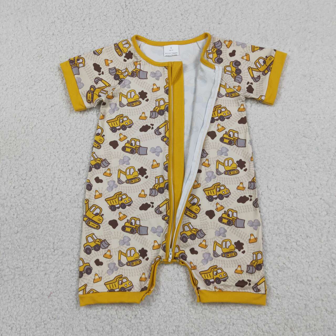 Construction Trucks Yellow Print Baby Boys Romper Polo Top Brothers Summer Wear